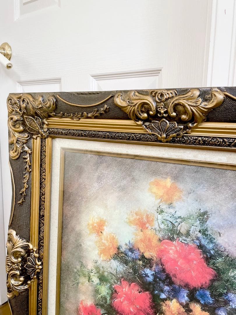 フランス　アンティーク　ピエール・ソレル　花　花瓶　油絵　額縁　絵画　名画