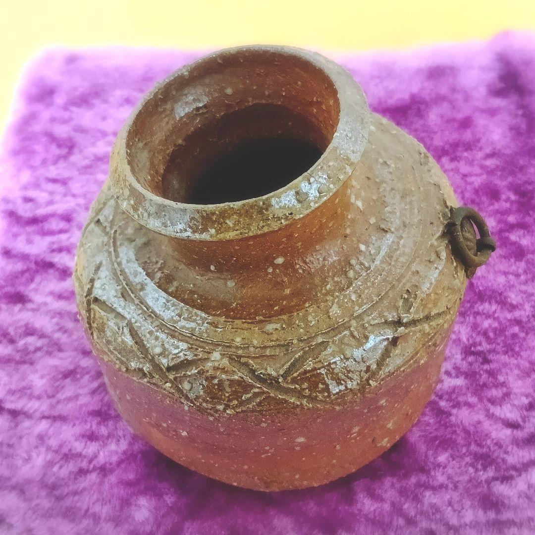 骨董品 信楽焼 蹲 花入 瑞峯造 共箱付 杉本瑞峯 茶道具 壁掛け花器 檜垣文