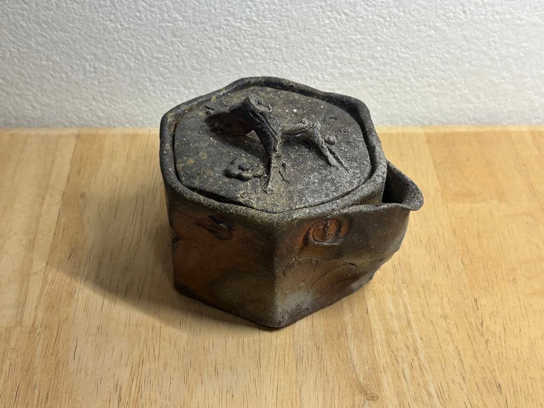 119. 備前焼 宝瓶 登り窯 梅 6角 手びねり 急須