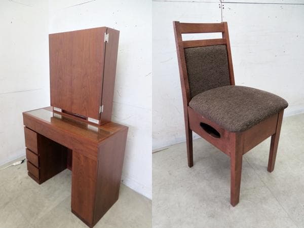 美品■関本家具■ウォールナット■プリマ■三面鏡ドレッサー/椅子付き■女優ミラー