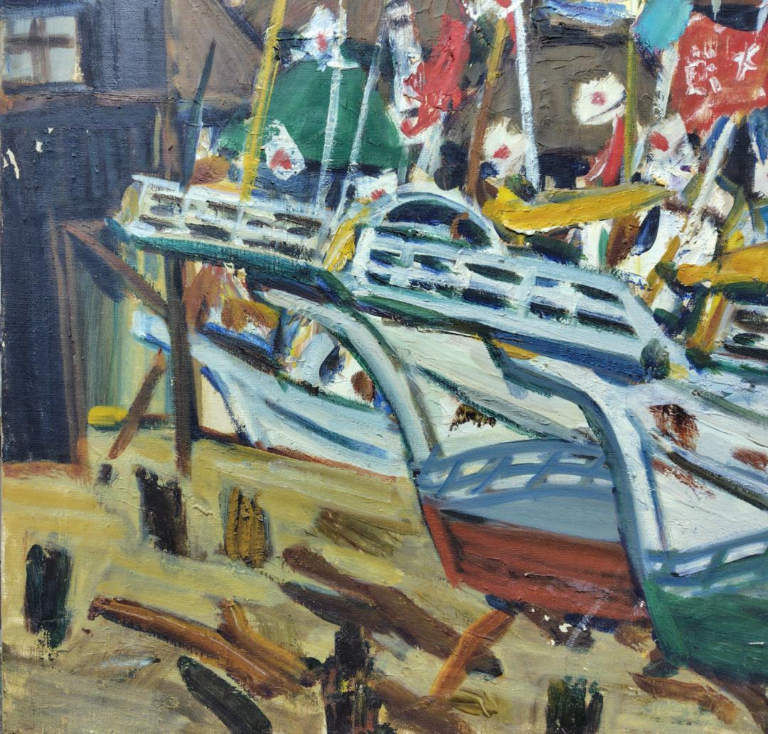 「正月の漁村」'68 F12 油絵 絵画 油彩画 日本 日の丸 国旗