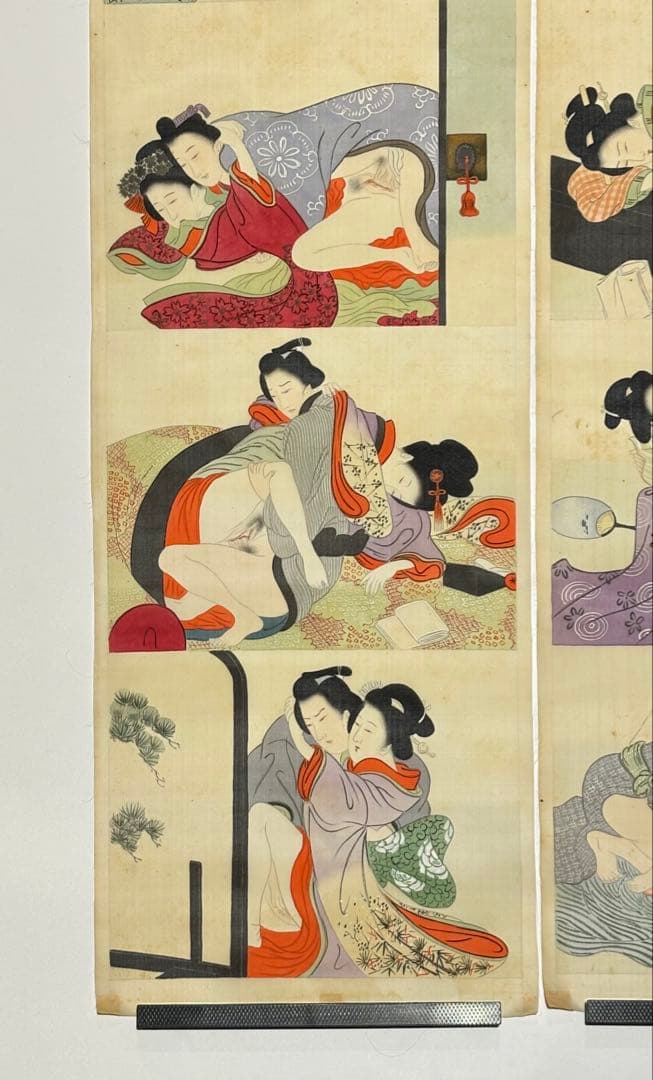 「彩色肉筆春画」明治頃筆 絹本 12図2枚|艶本 わじるしわ印浮世絵 錦絵 和本