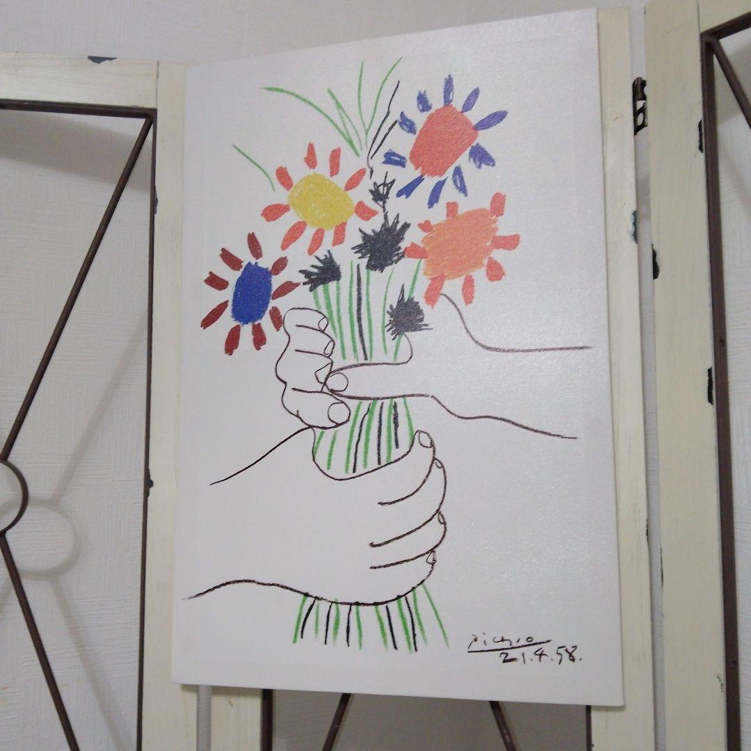 【美品】パブロ・ピカソ　「花束を持つ手」キャンバス　印刷画　サイン入り60✕40