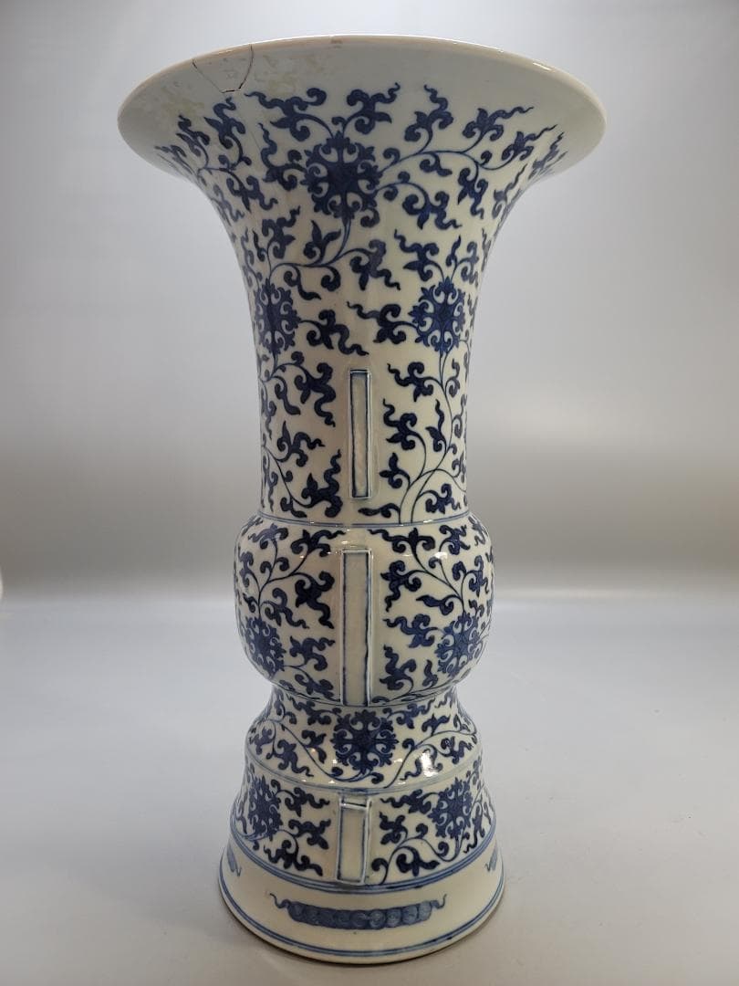 中国美術 青華纏枝蓮花紋 尊瓶 時代物 傷有 DT816