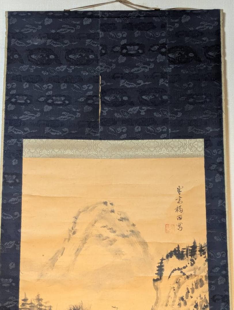 【真作】掛軸　渓山舟影図　墨画山水　静寂の水郷風景　V64