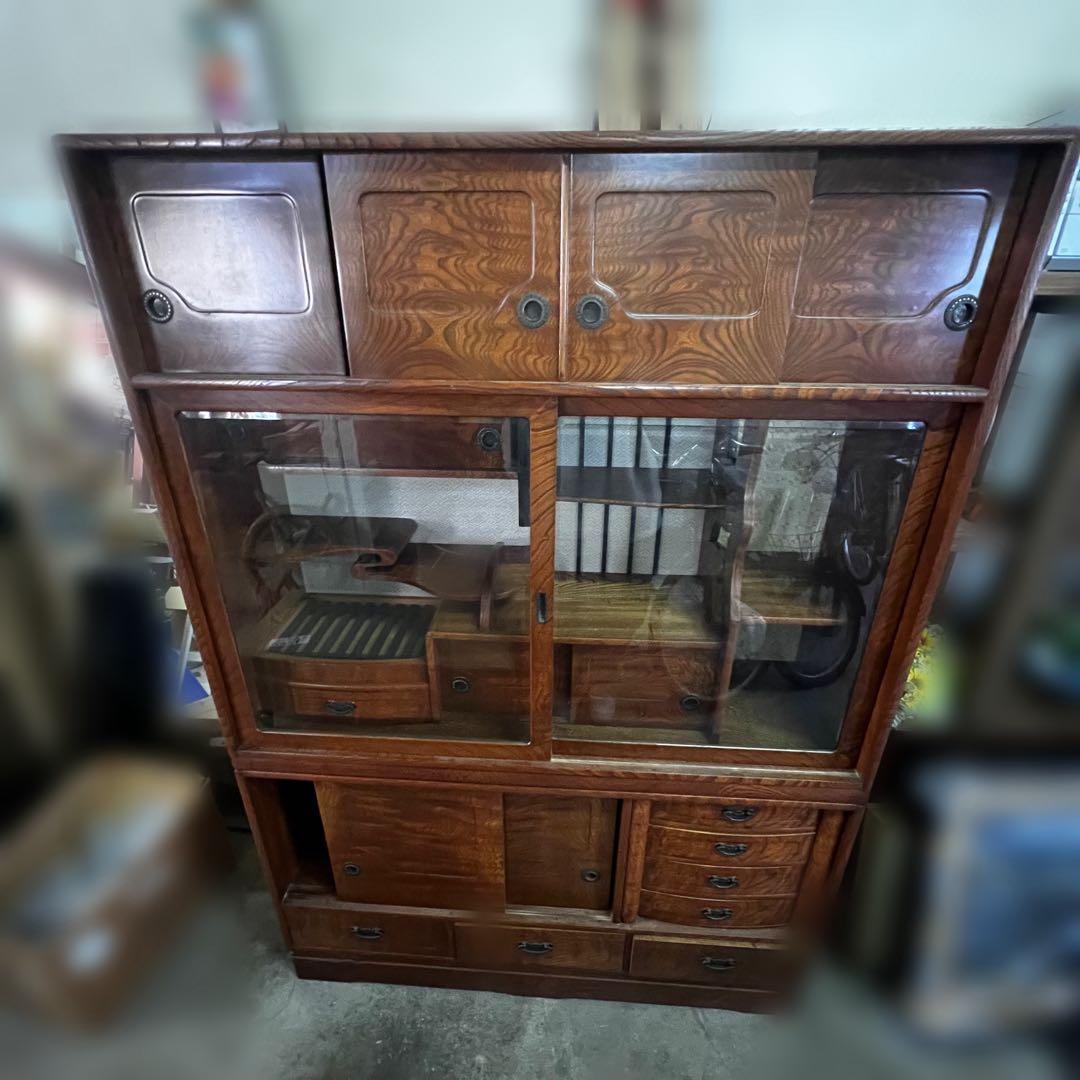 昭和レトロ 茶箪笥 欅 和家具 ガラス戸 飾り棚 高さ約170cm