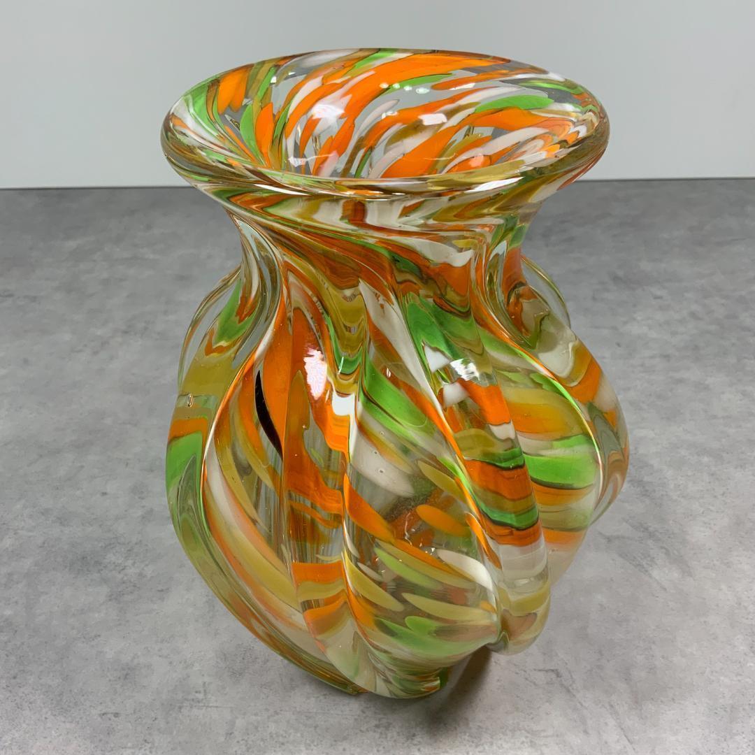 ヴィンテージ ガラス ベース マーブル　オレンジ×ホワイト×グリーン 花器 花瓶