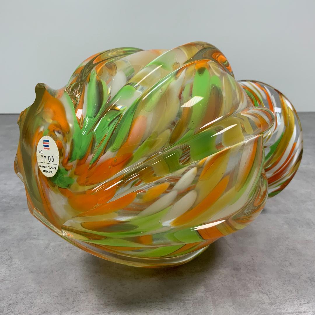 ヴィンテージ ガラス ベース マーブル　オレンジ×ホワイト×グリーン 花器 花瓶