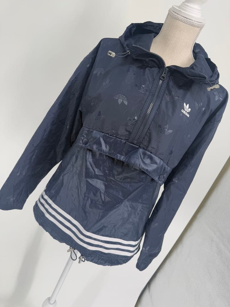 adidas フード付きウィンドブレーカー 紺original トレフォイルロゴ