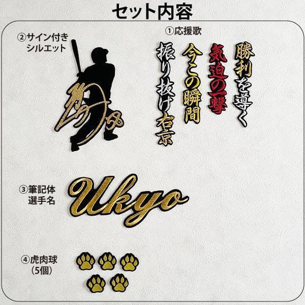 阪神タイガース 前川右京 刺繍ワッペン 4点 セット【黒】【虎肉球】応援歌