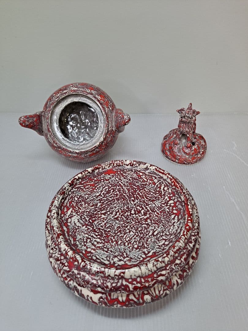 美品 未使用 箕面焼 二代松田箕山 獅子付き 耳付き 三ツ足香炉 茶道具 共箱