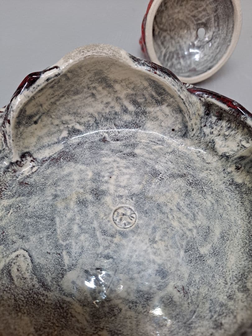 美品 未使用 箕面焼 二代松田箕山 獅子付き 耳付き 三ツ足香炉 茶道具 共箱