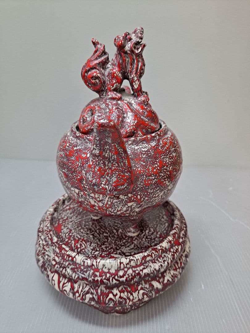 美品 未使用 箕面焼 二代松田箕山 獅子付き 耳付き 三ツ足香炉 茶道具 共箱