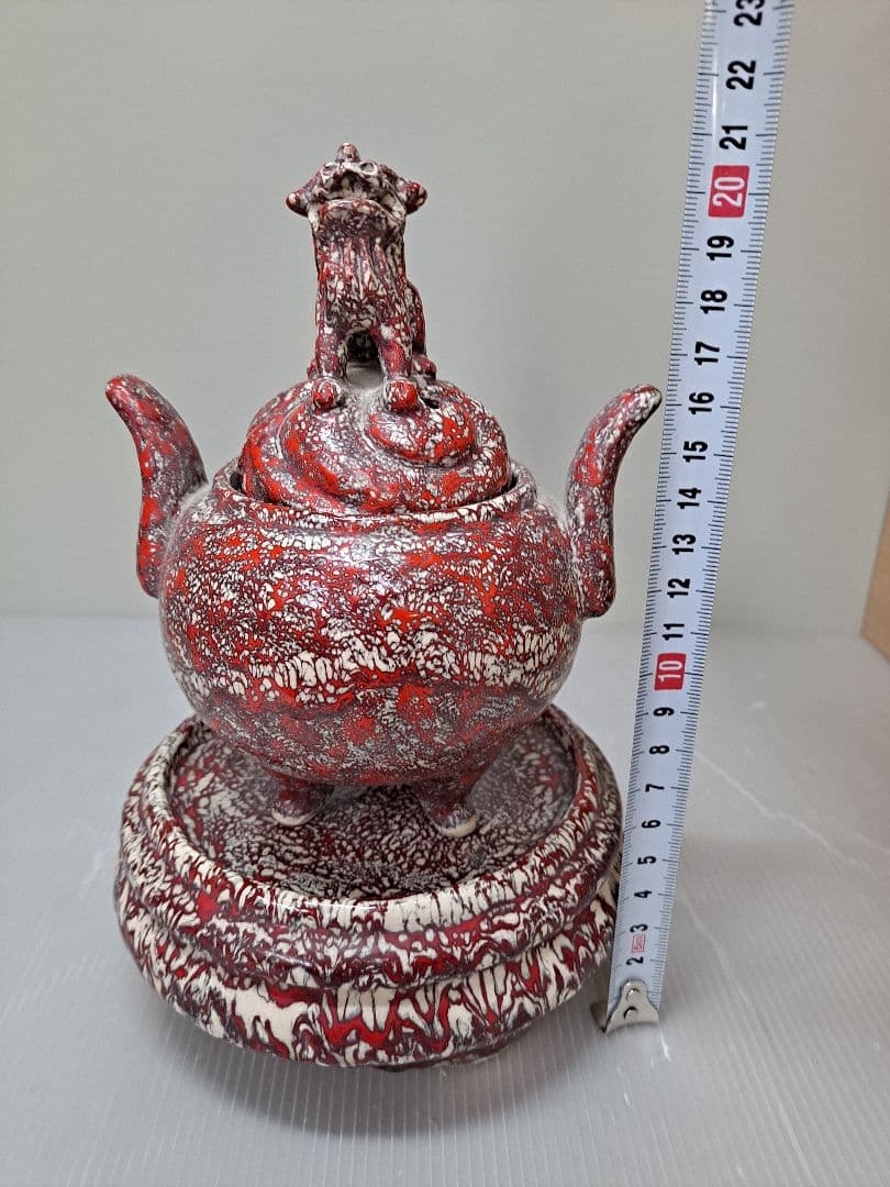 美品 未使用 箕面焼 二代松田箕山 獅子付き 耳付き 三ツ足香炉 茶道具 共箱