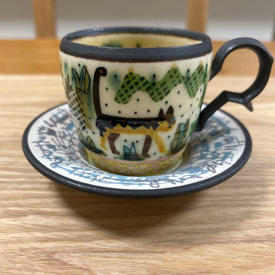 作家　陶芸作家　人気作家　下和弘　色絵釉彩カップ＆ソーサー　猫　1点もの　希少