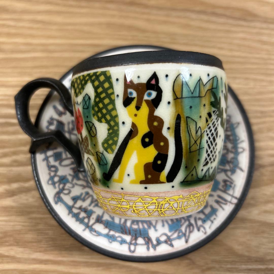 作家　陶芸作家　人気作家　下和弘　色絵釉彩カップ＆ソーサー　猫　1点もの　希少