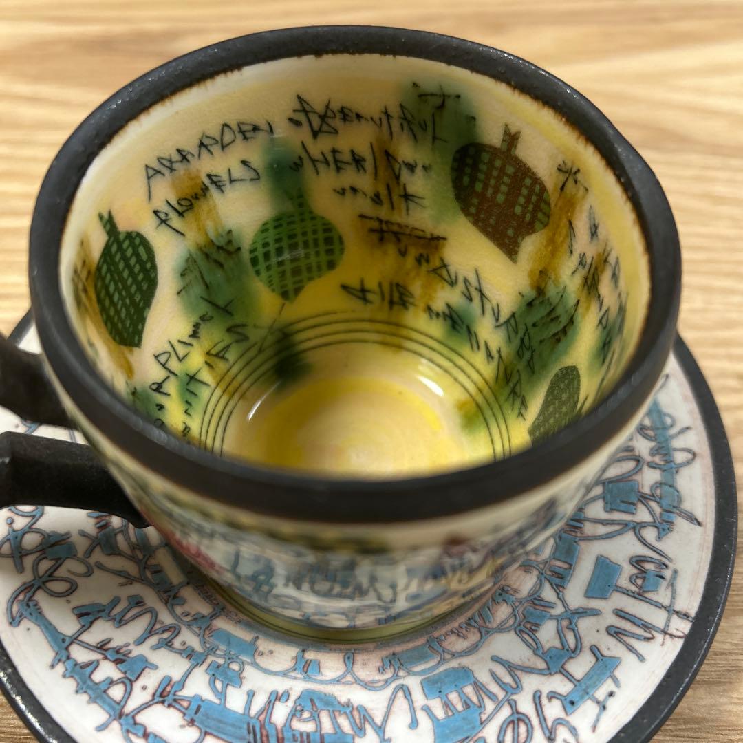 作家　陶芸作家　人気作家　下和弘　色絵釉彩カップ＆ソーサー　猫　1点もの　希少