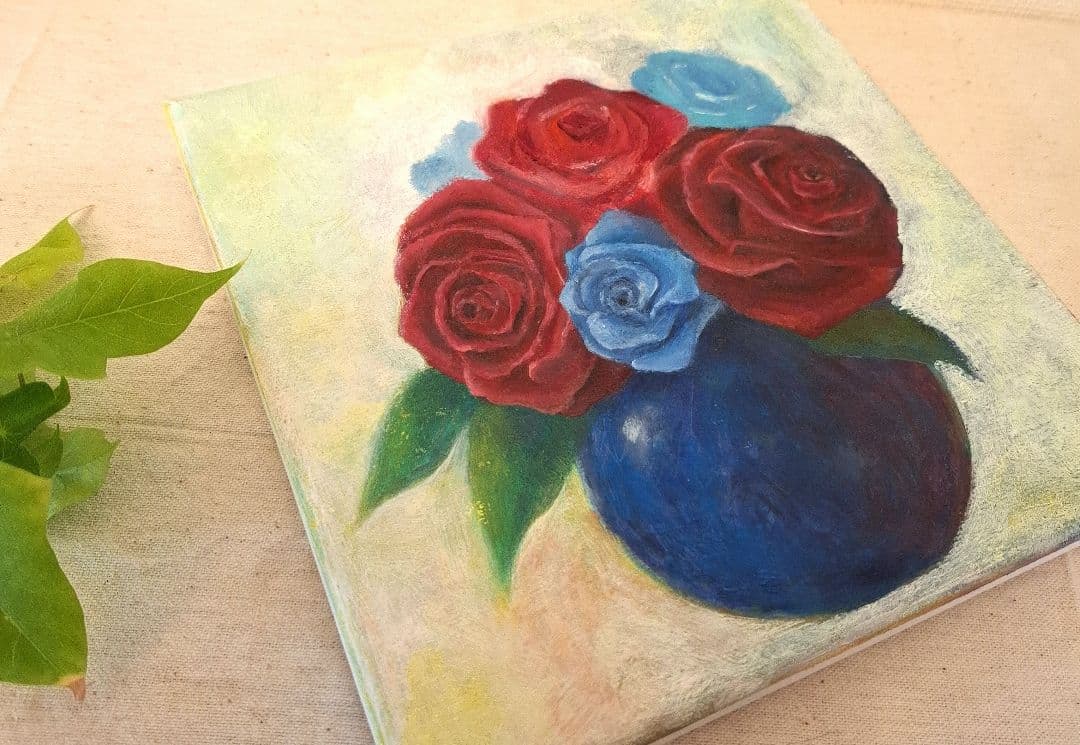 油絵『青い花瓶と薔薇』Ｓ０号