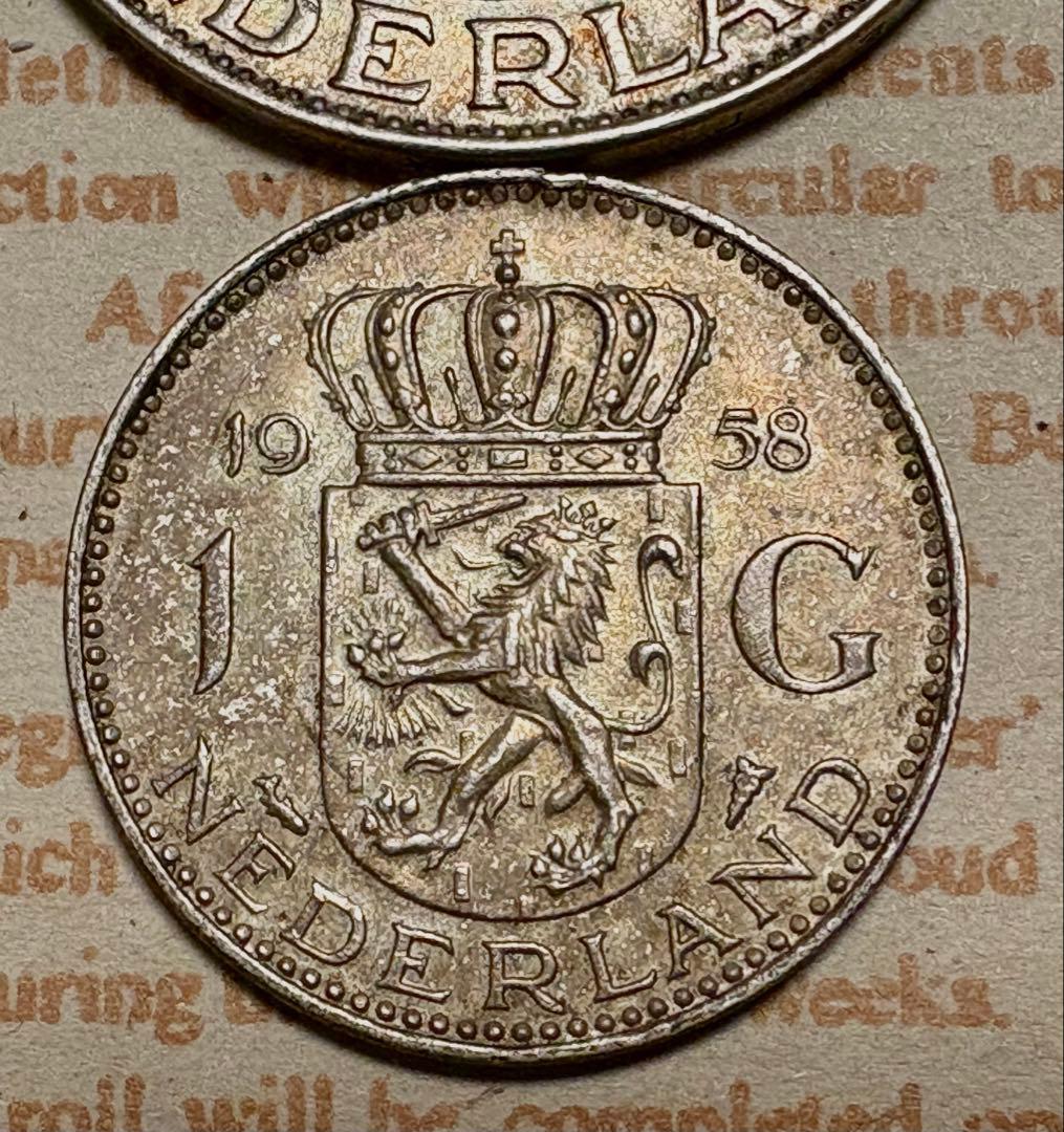 オランダ 2½ G, 1 G 銀貨2枚セット ユリアナ女王 きれいなトーン