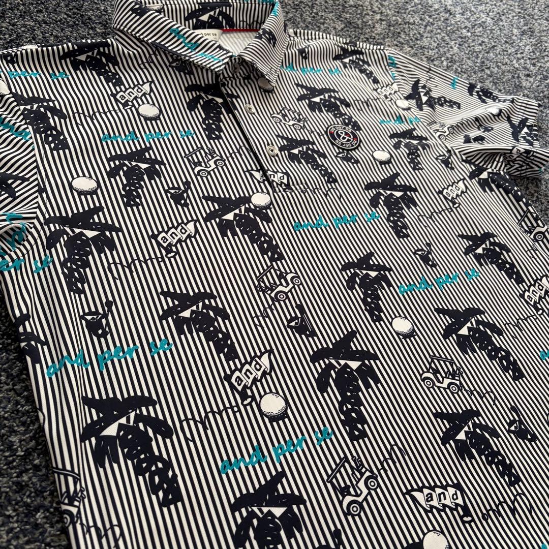 【美品】アンパスィ　総柄　半袖　ポロシャツ　ストライプ柄　ゴルフウェア　LL