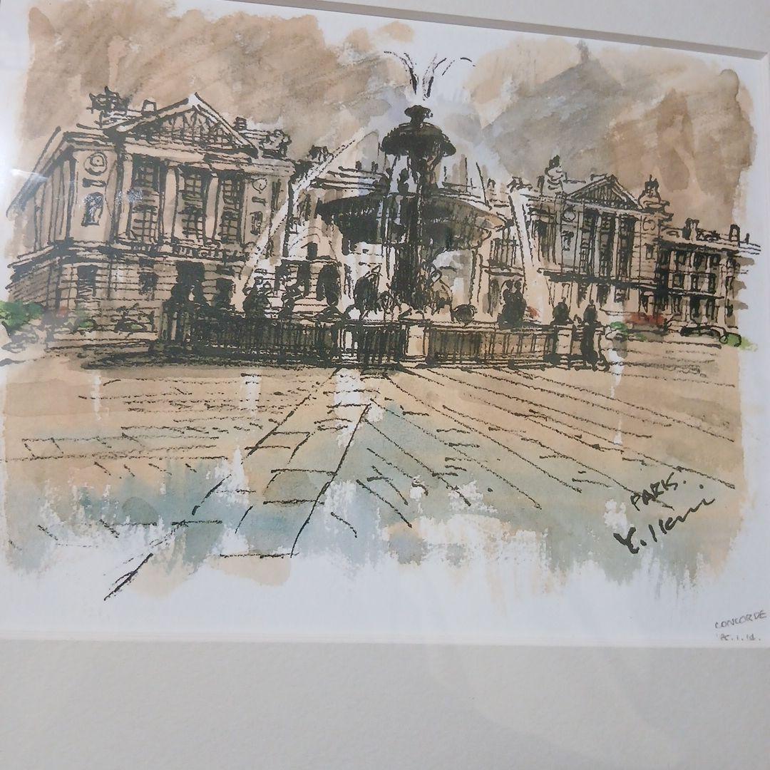 パリ・コンコルド広場 水彩画 Y. Illeni
