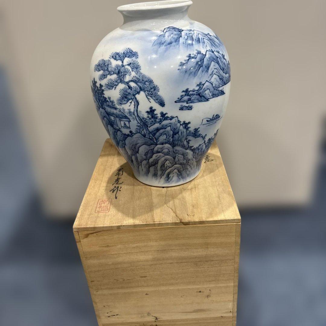 青白色 陶器 花瓶 山水画風 木箱付き