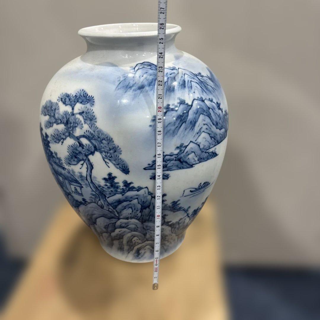 青白色 陶器 花瓶 山水画風 木箱付き