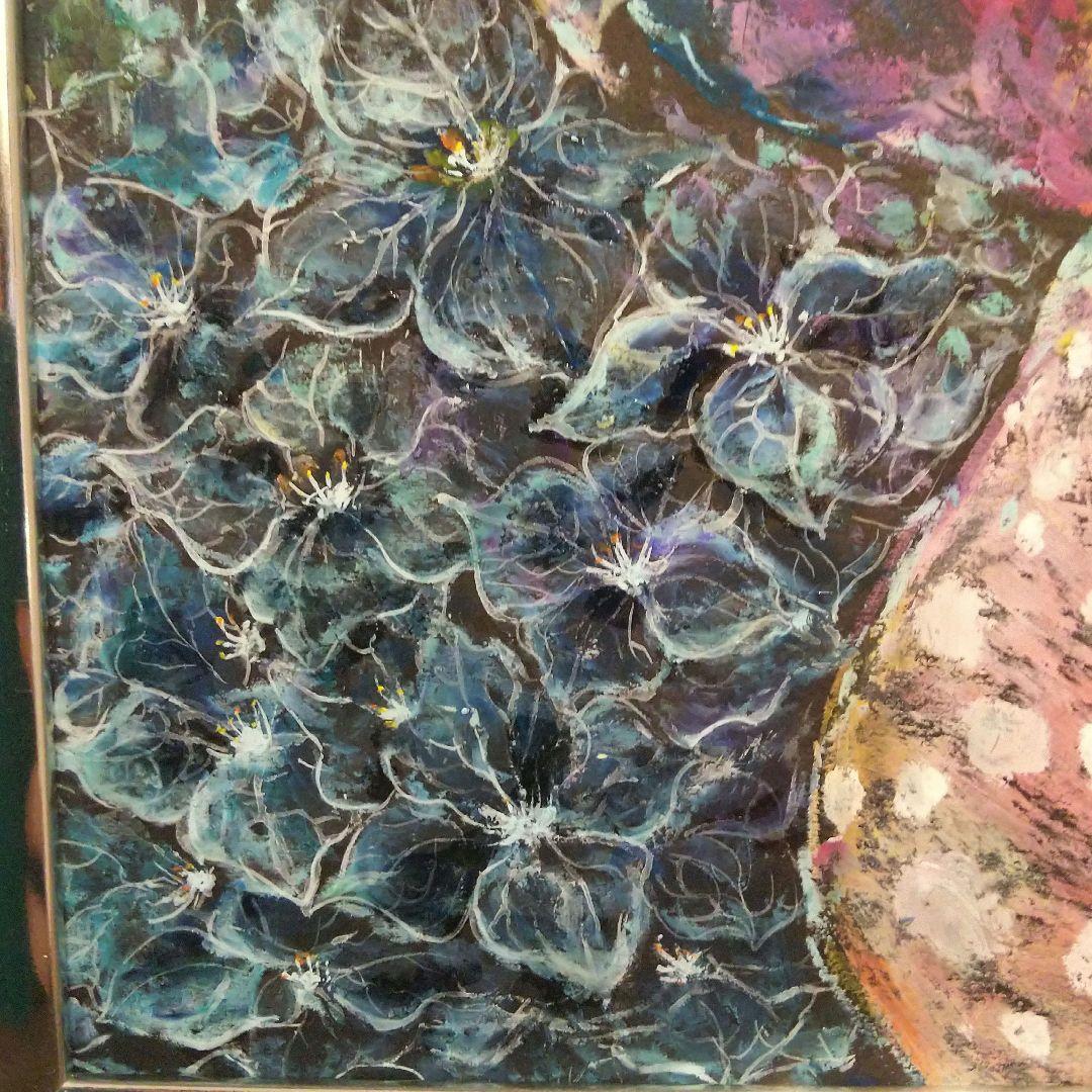 紫陽花 花 爬虫類 トカゲ ヤモリ レオパルド ワニ  原画 アート 絵画 青