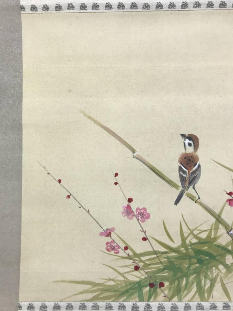 真作/象外/紅梅小禽図/花鳥図/春の花木/小鳥図/雀/掛軸/名家伝来AE-397