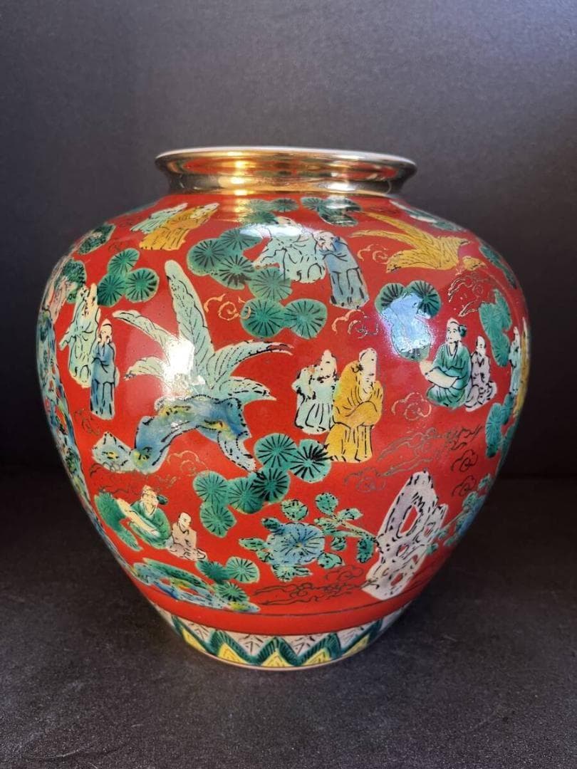 【未使用】　九谷焼 青木木米 色絵　赤地　唐子図　象　老人 花器 花瓶 壺