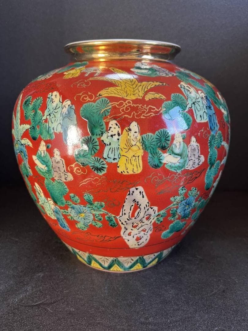 【未使用】　九谷焼 青木木米 色絵　赤地　唐子図　象　老人 花器 花瓶 壺