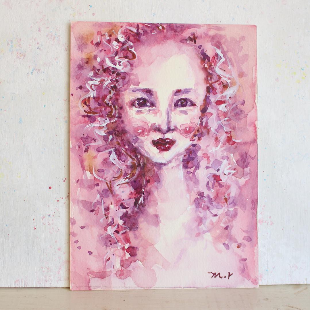女性の絵 水彩画 原画 額付き「薔薇色の頬」