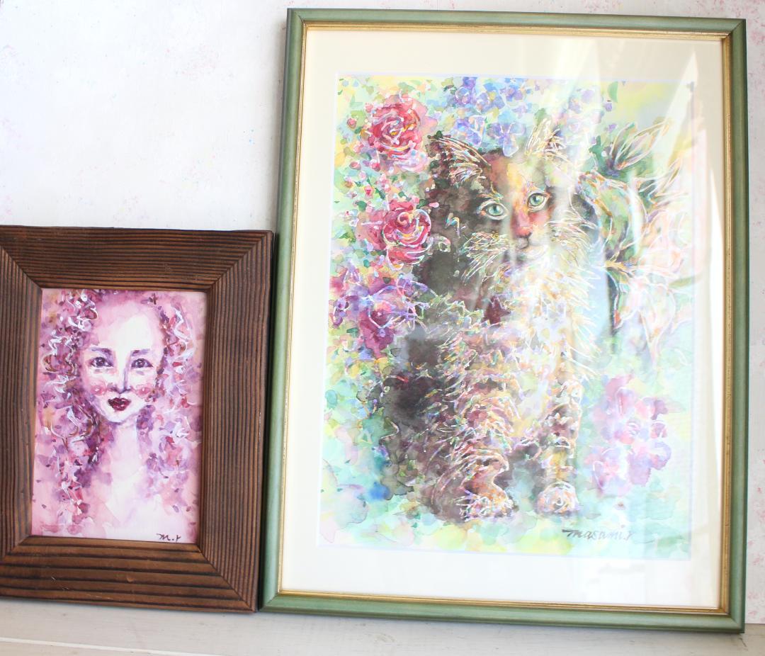 女性の絵 水彩画 原画 額付き「薔薇色の頬」