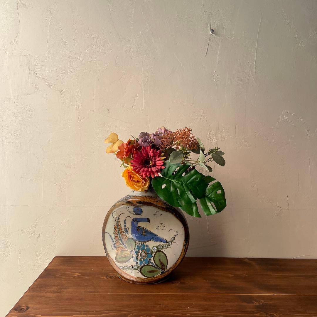 Mexico トナラ焼　大型花器　手描き　伝統工芸　ハンドペイント　オオハシ　鳥