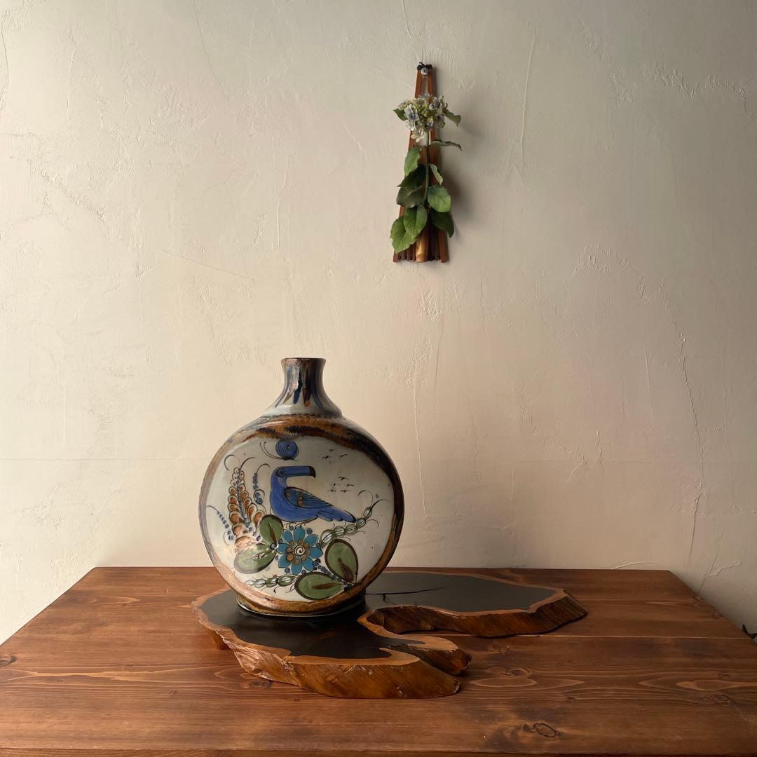 Mexico トナラ焼　大型花器　手描き　伝統工芸　ハンドペイント　オオハシ　鳥