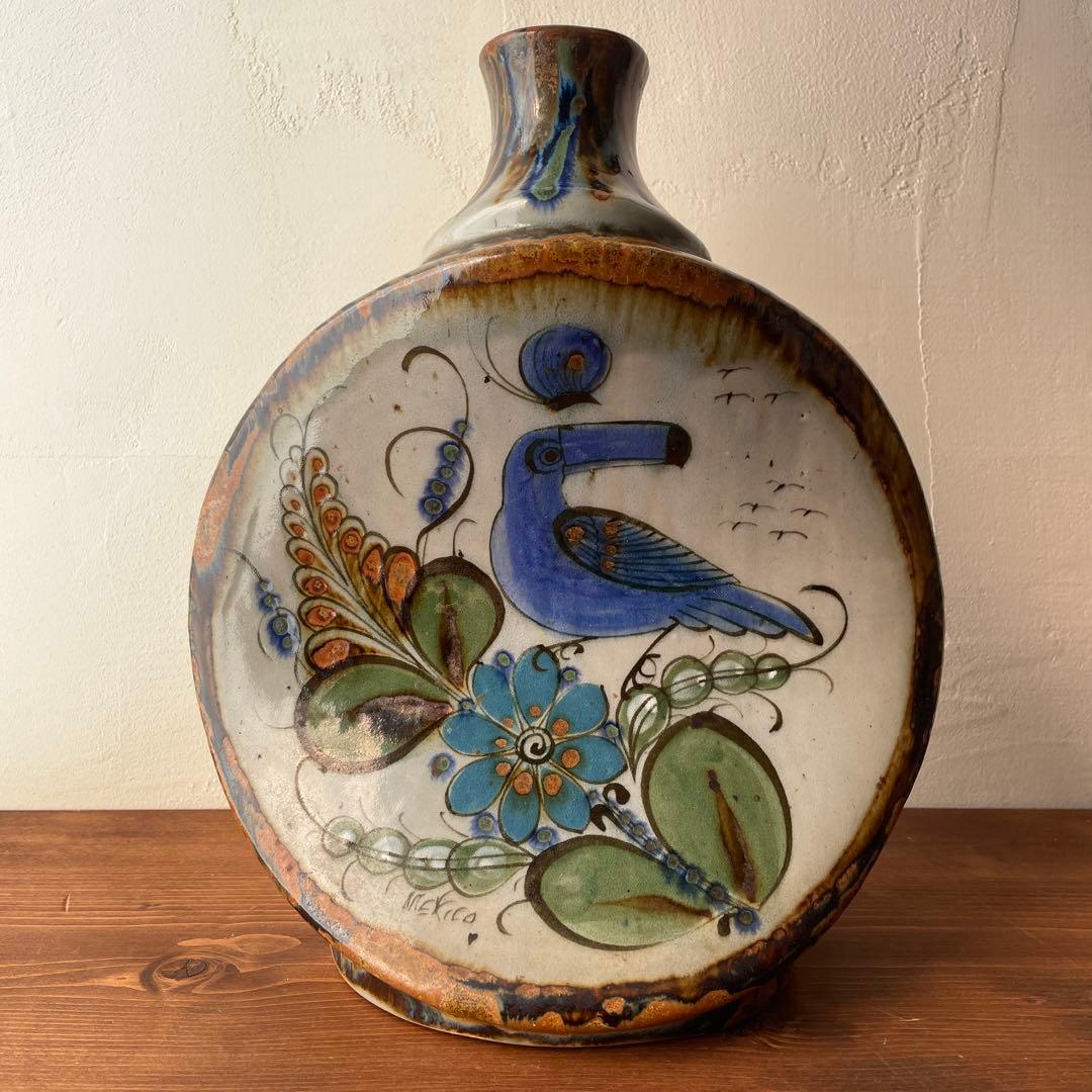 Mexico トナラ焼　大型花器　手描き　伝統工芸　ハンドペイント　オオハシ　鳥