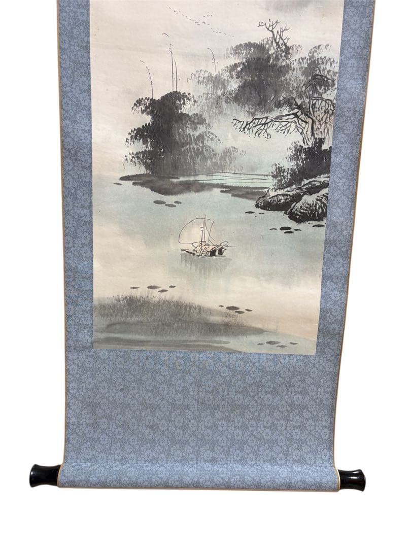 山水画 掛軸 青色背景