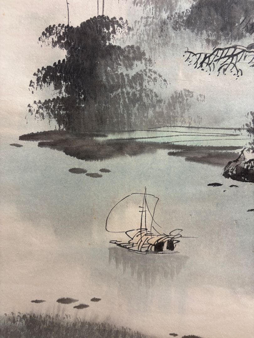 山水画 掛軸 青色背景