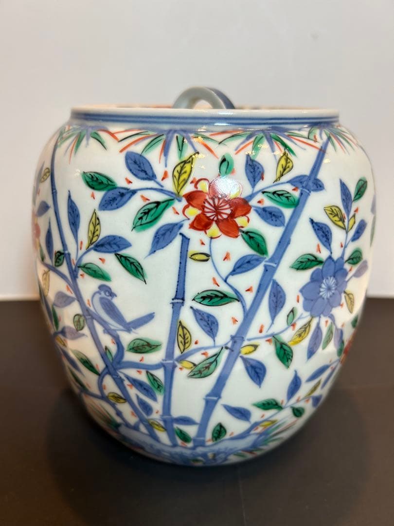 「　叶　松谷　」造　水指　吉葉色絵花鳥　共箱有り　茶道具　清水焼