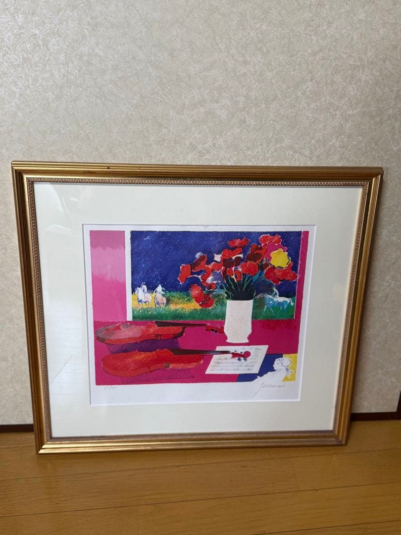 限定100点 版画 リトグラフ 額装 花×バイオリン アート作品 美術品