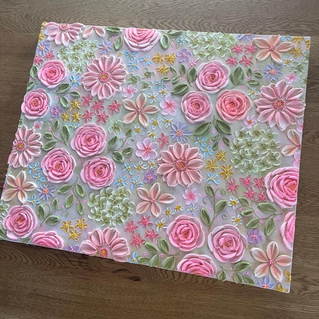原画　花柄　アクリル絵画 テクスチャーアート ピンク フラワー　ボタニカル