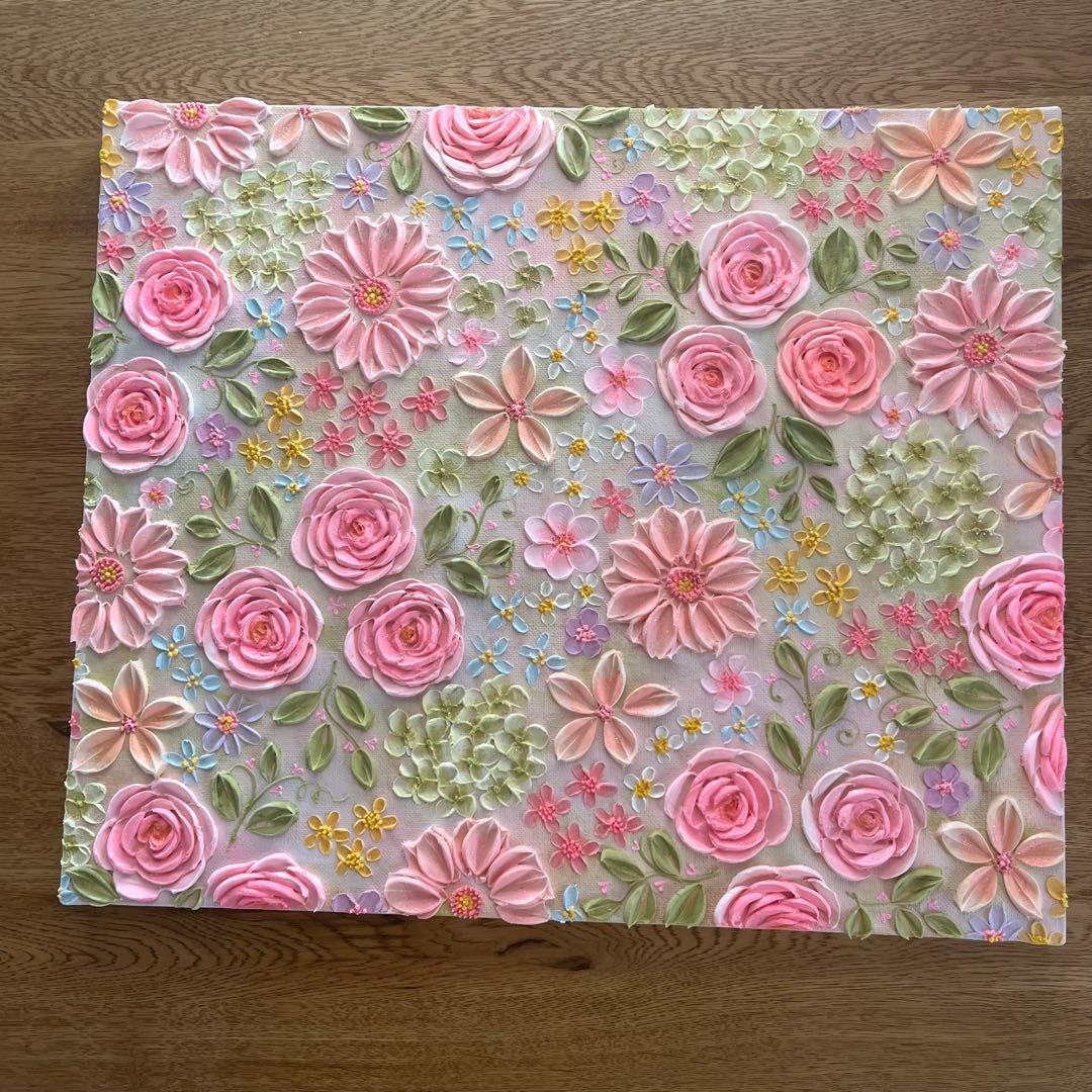 原画　花柄　アクリル絵画 テクスチャーアート ピンク フラワー　ボタニカル