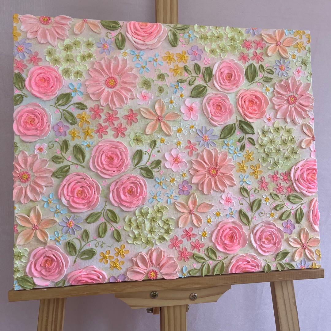 原画　花柄　アクリル絵画 テクスチャーアート ピンク フラワー　ボタニカル
