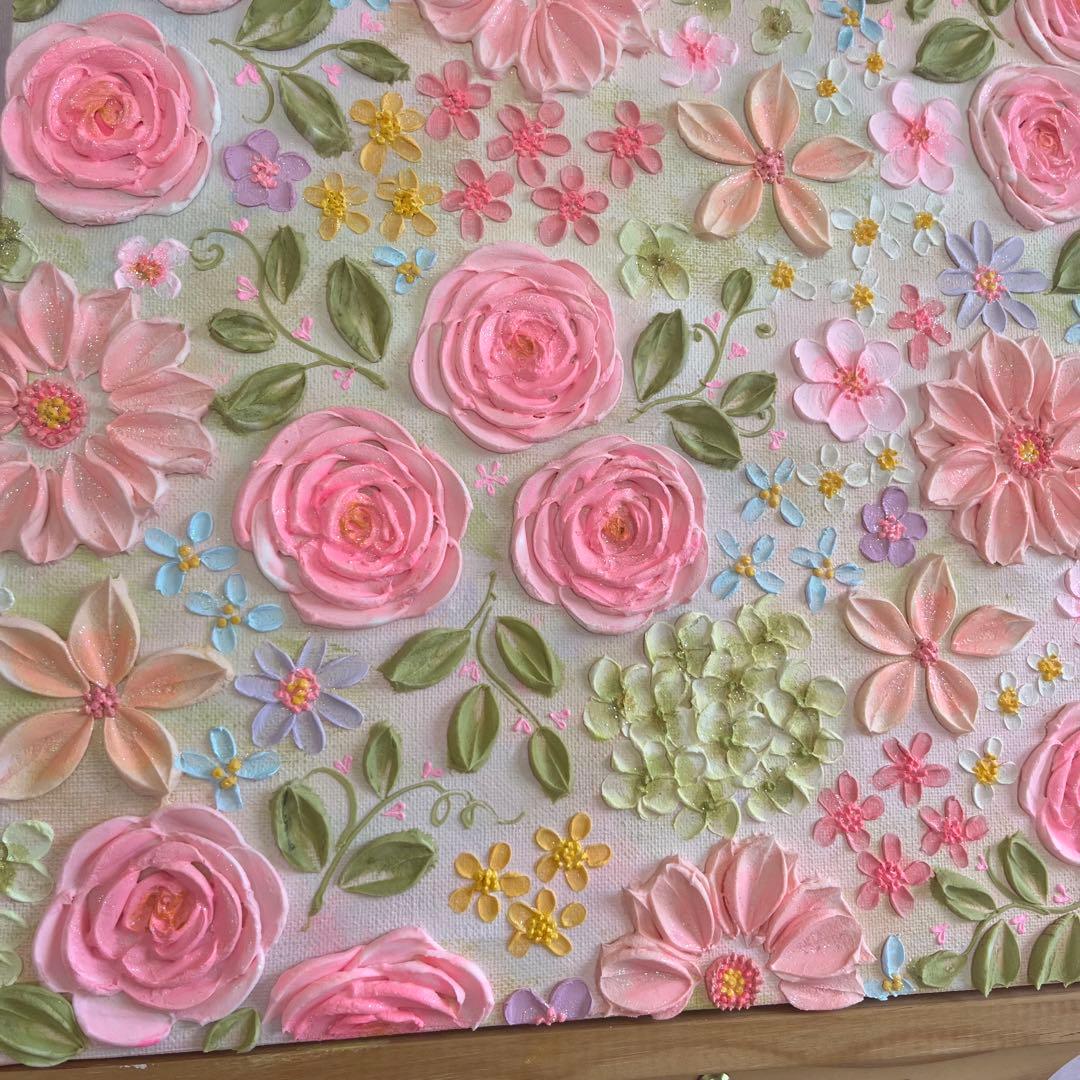 原画　花柄　アクリル絵画 テクスチャーアート ピンク フラワー　ボタニカル