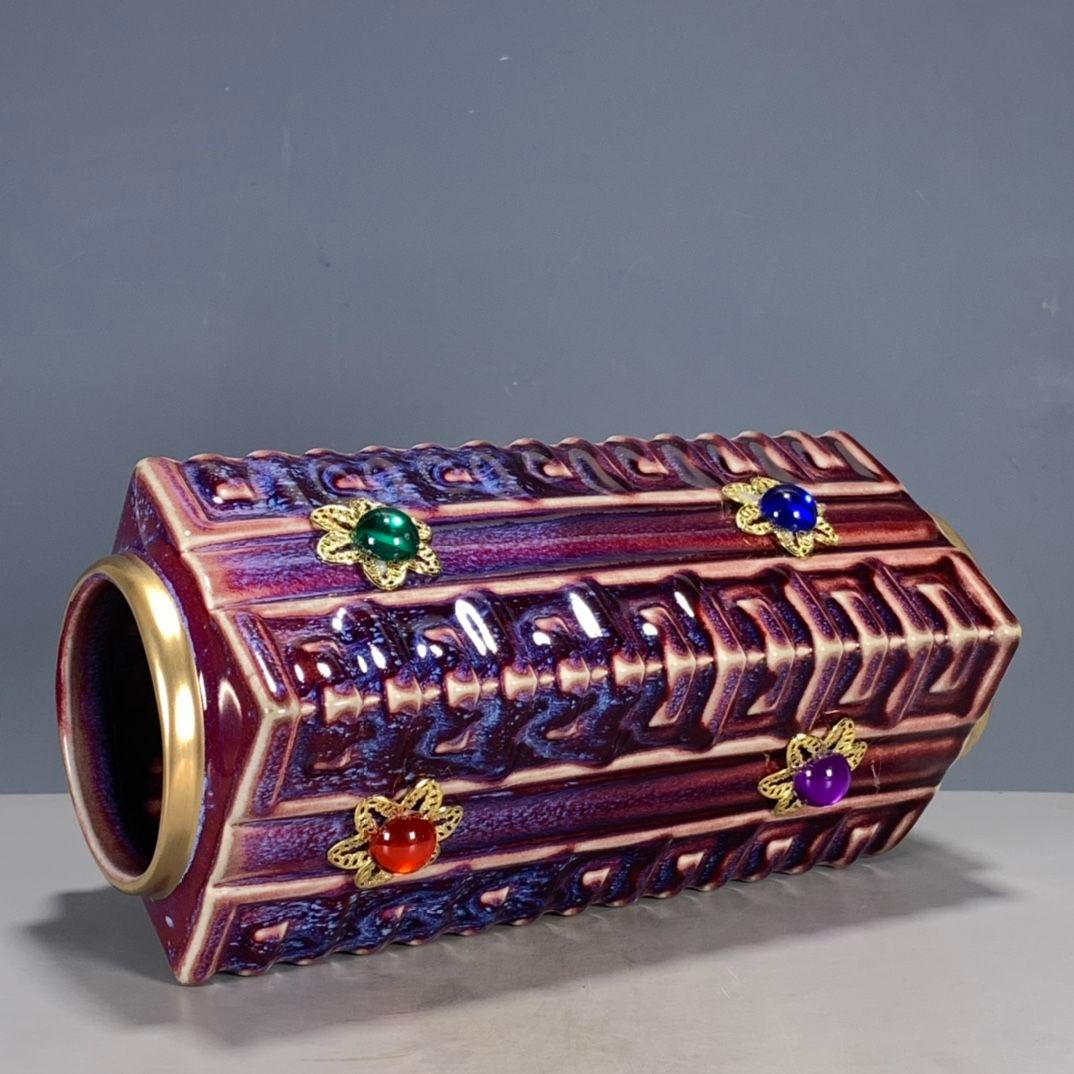 鈞磁器紅釉窯変四方茶瓶花瓶の置物 景徳鎮 陶磁器 装飾品 現代工芸品美術品
