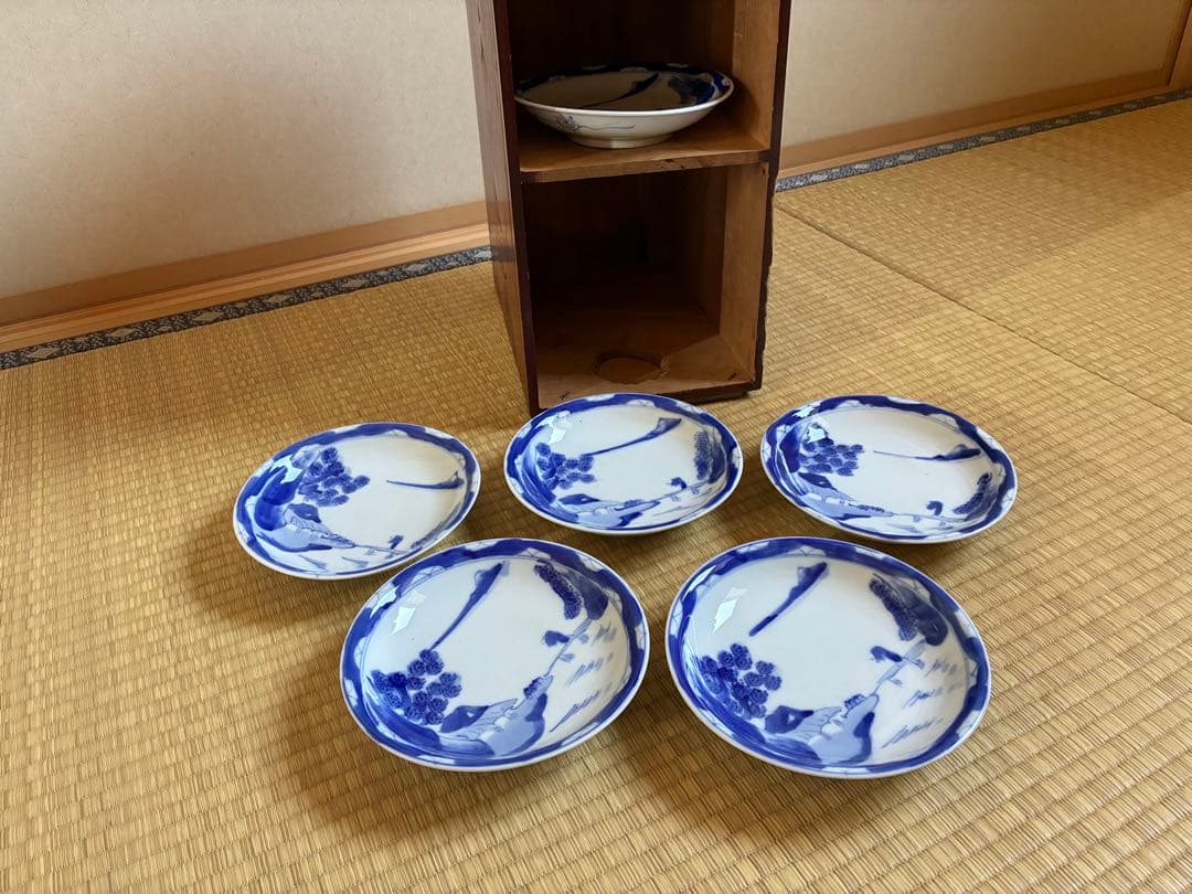 6枚セット 明治骨董 <翁と山水画>【100年前の古いお皿】15cm なます皿