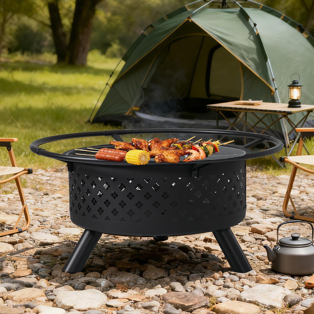 【ブラック】ファイヤーピット 屋外大型焚火台 ファミリーキャンプ BBQコンロ