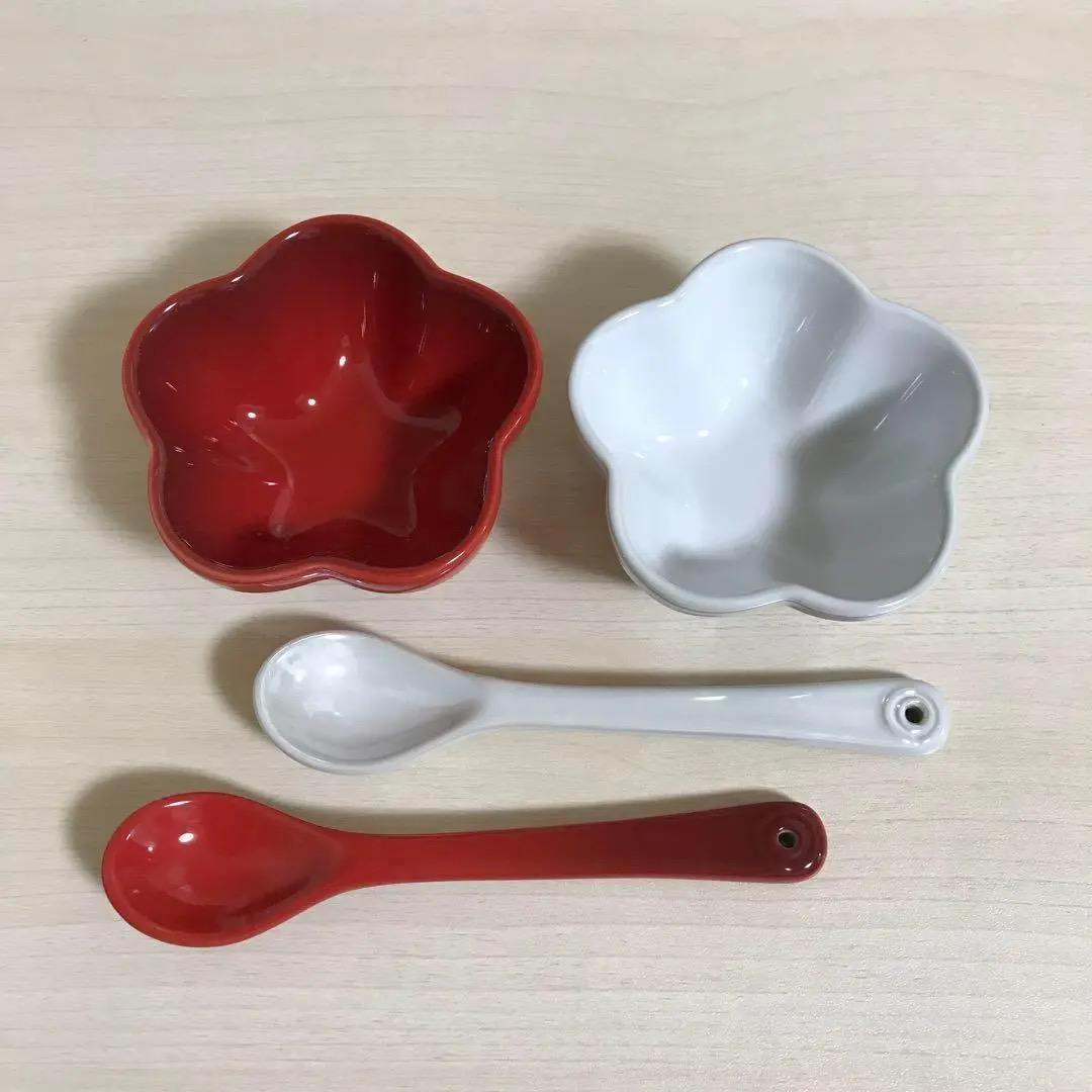 ルクルーゼ　ミニ・フルール　ラムカン　ホワイトラスター　チェリーレッド　食器