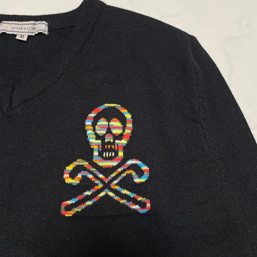 MARK&LONA スカル刺繍 Vネックニットセーター BLACK Mサイズ