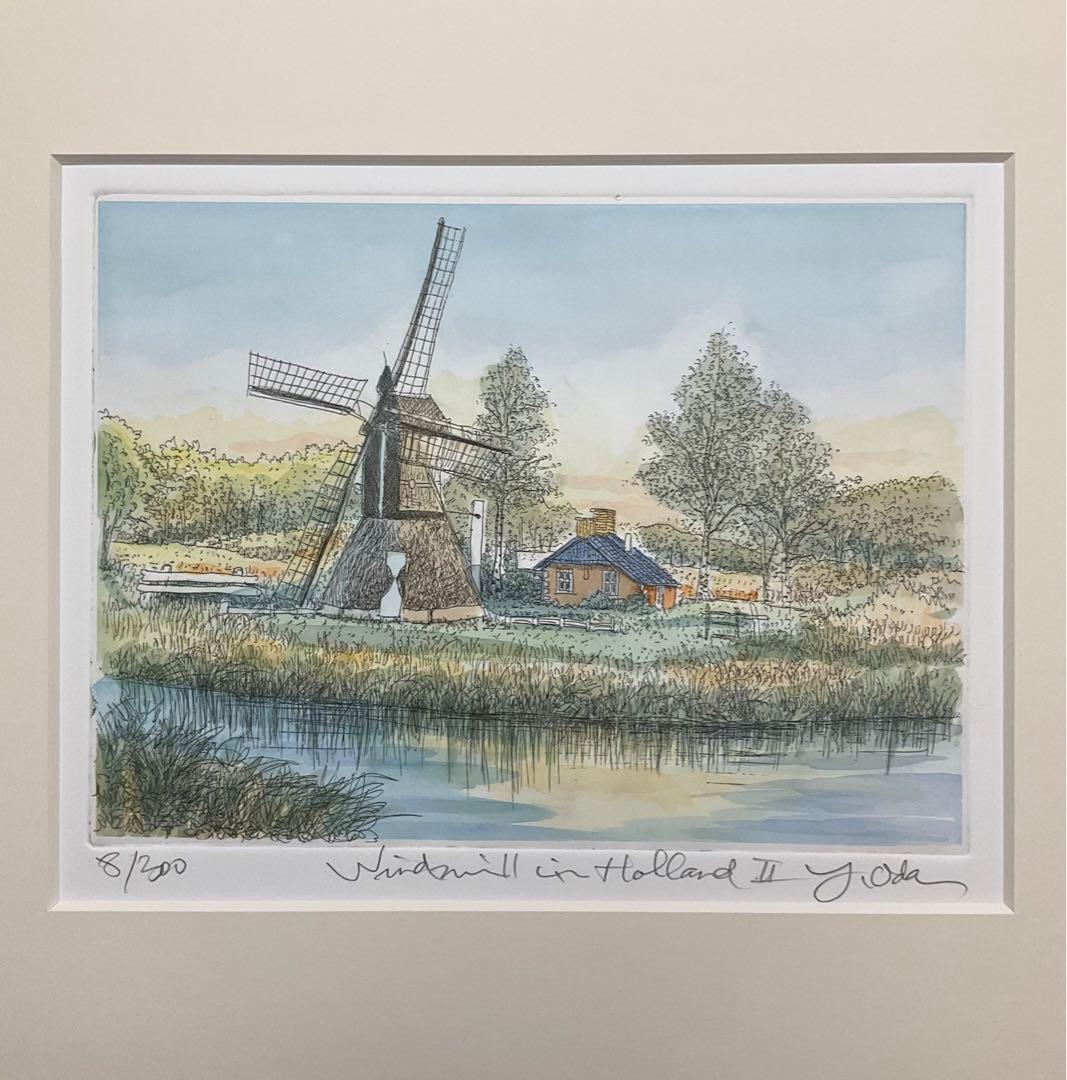 絵画・額縁・版画・織田 義郎・新品未使用・オランダの風車Ⅱ・エッチング・美術品